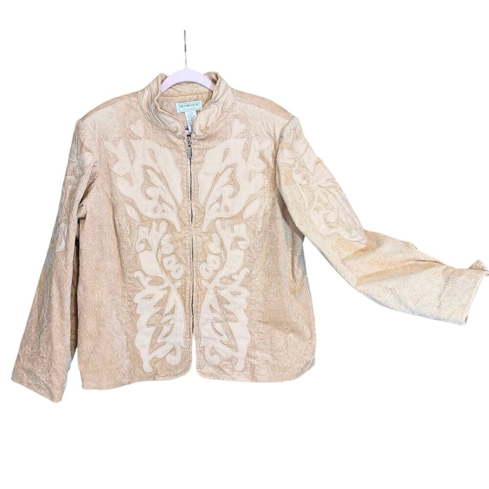 Victor Costa Occasion Tan Corduroy Appliqué Zip Jacket XL Vintage boho western